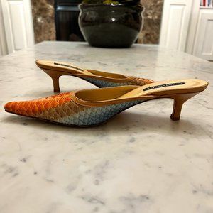 Like new! Gorgeous Claudia Ciuti Blue Brown Tan Snakeskin Leather Mules 7
